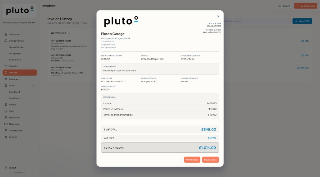 Invoice preview with print and email in Plutoo Garage