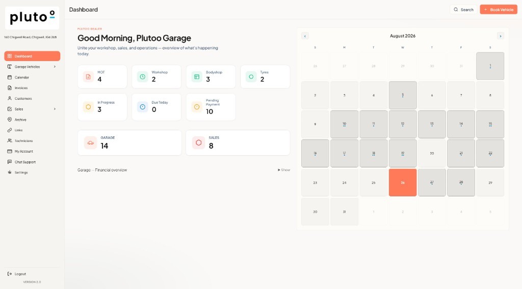Workshop dashboard in Plutoo Garage